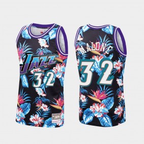 Karl Malone Utah Jazz #32 Floral Fashion Black Jersey