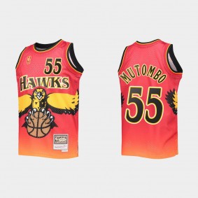 Youth Atlanta Hawks Dikembe Mutombo #55 Hardwood Classics Fadeaway Jersey Red Gold